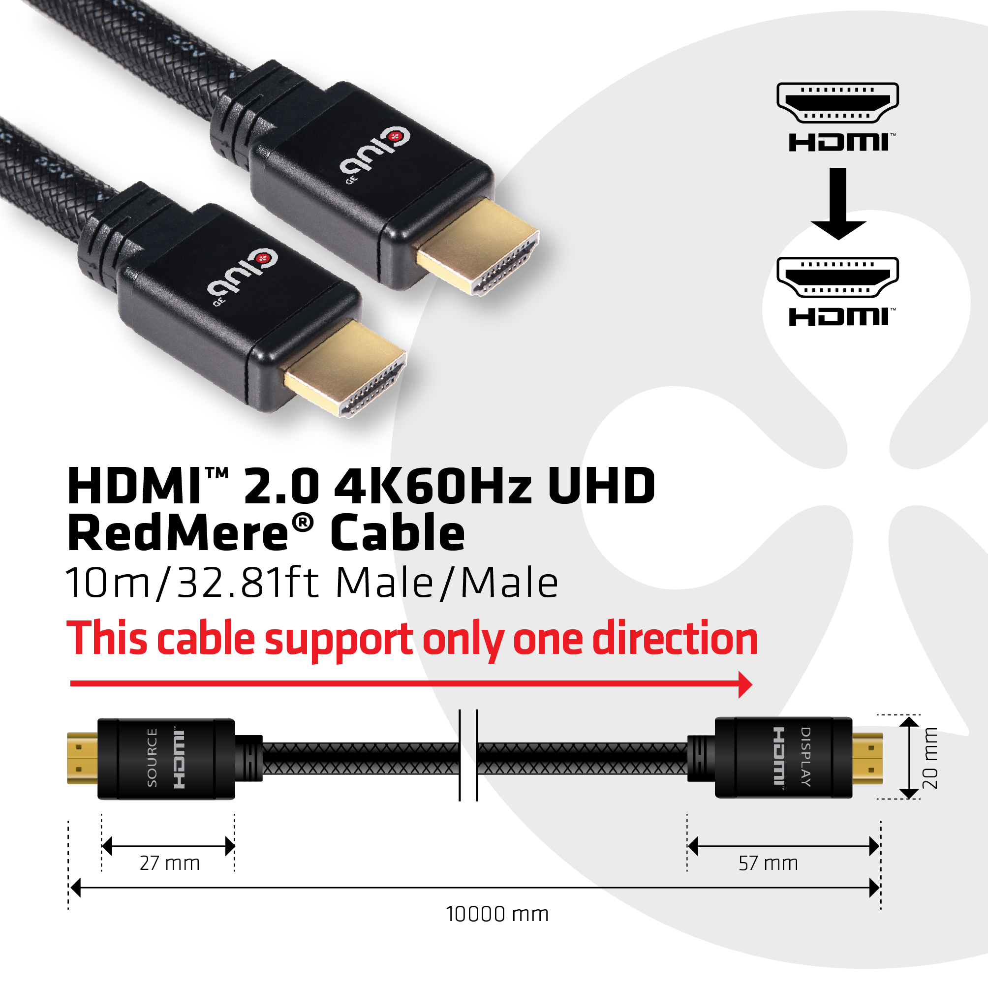 Club 3D HDMI mit Ethernetkabel M bis M 10 m RedMere Technology 4K Unterstützung aktiv (CAC-2313)